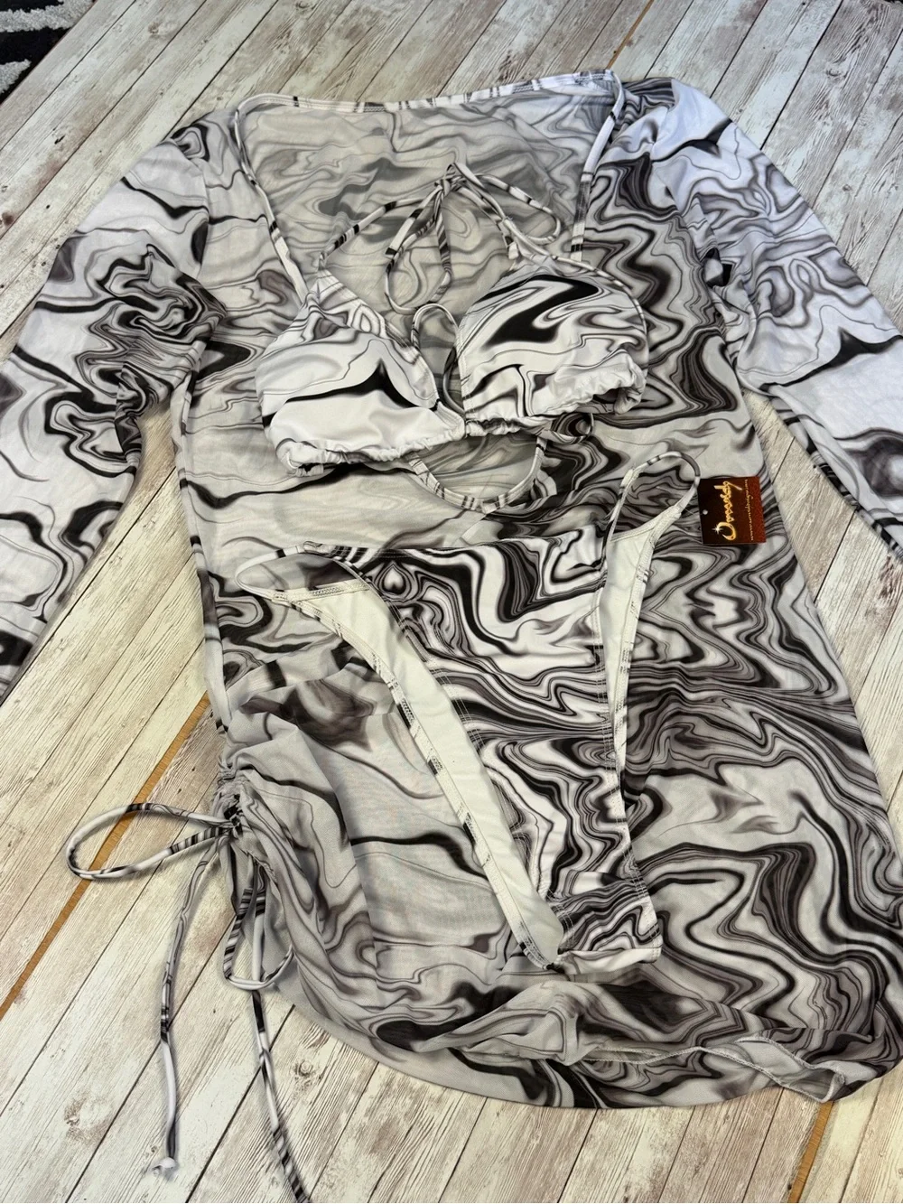 Marble-Print Ruched Mini Dress with Matching Bikini